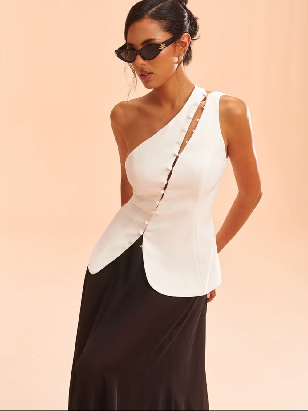 Commense White One-Shoulder Button-Front Top